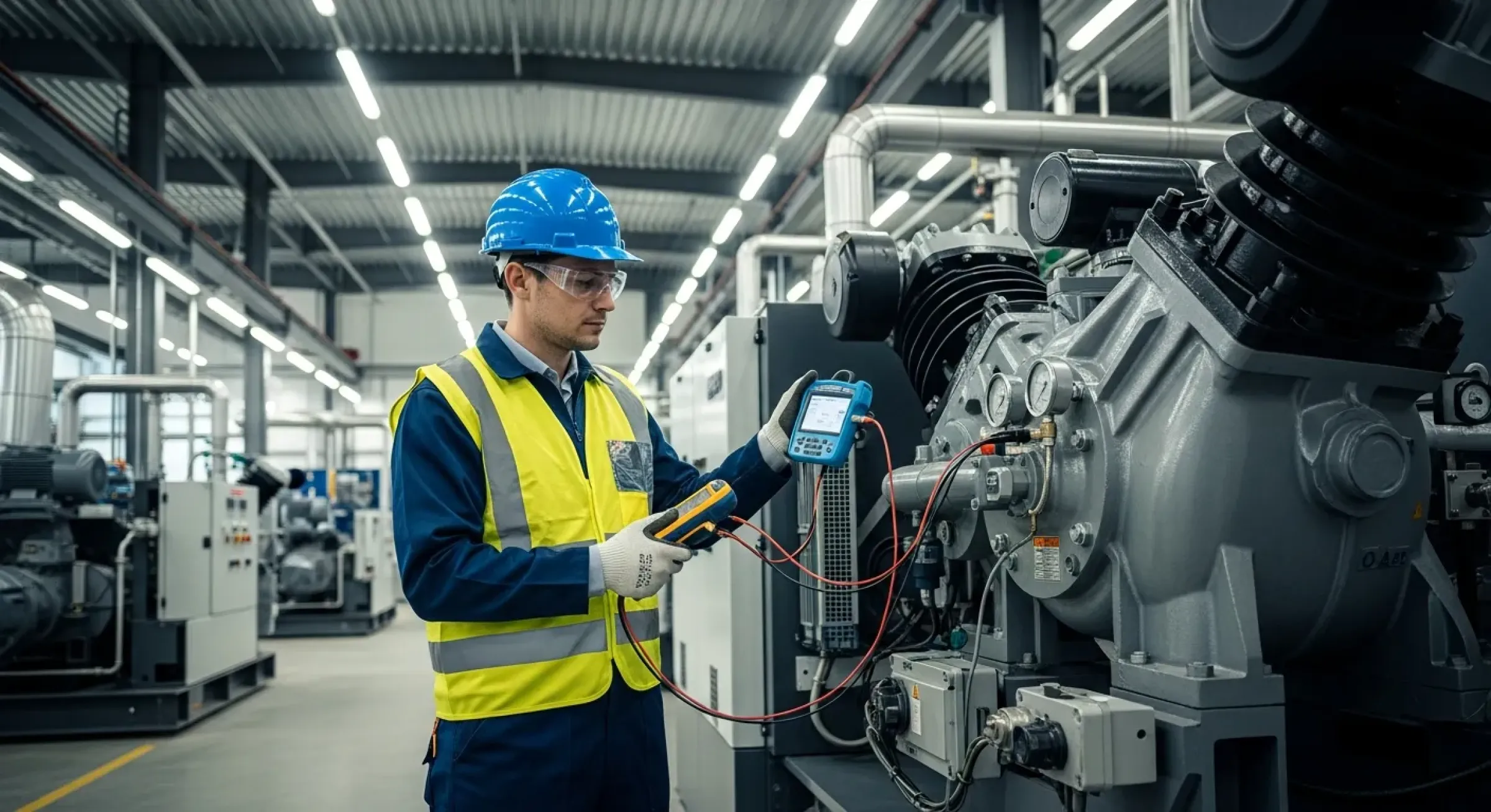 Técnico especializado realizando mantenimiento preventivo a compresor industrial