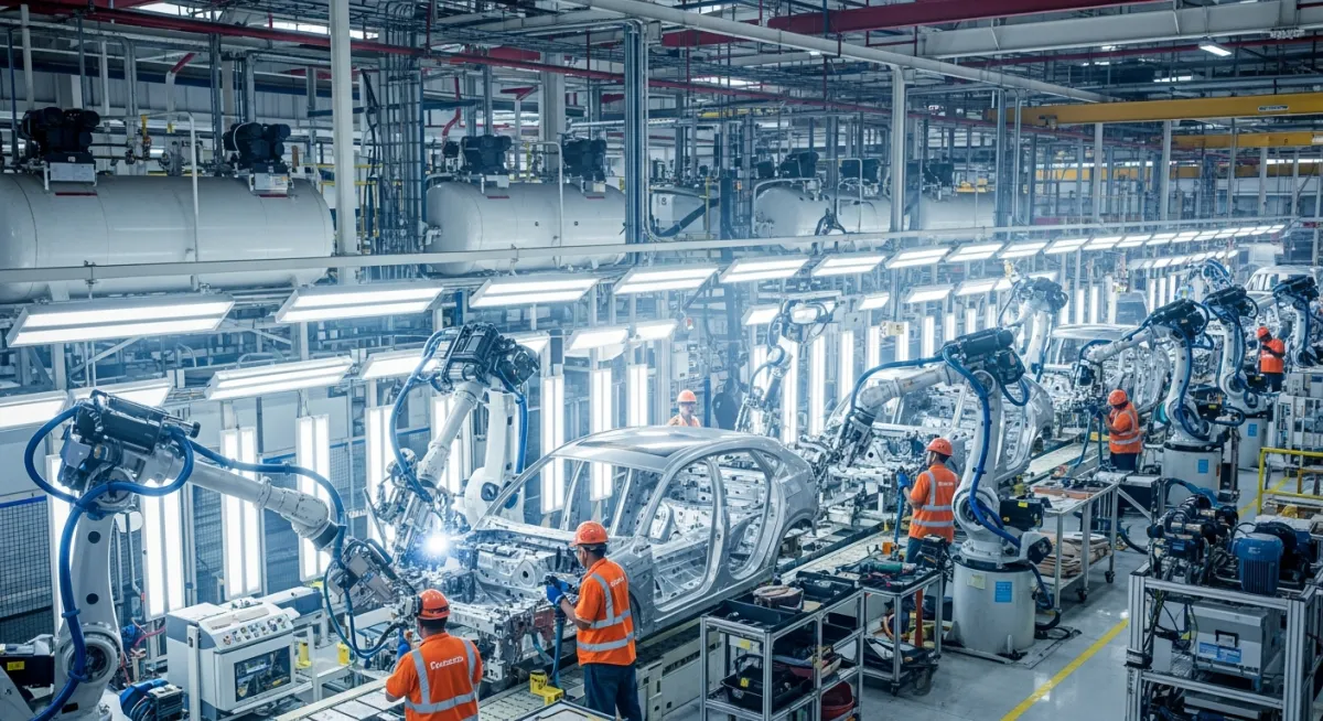 Línea de ensamble automotriz en Puebla con sistemas de aire comprimido industrial